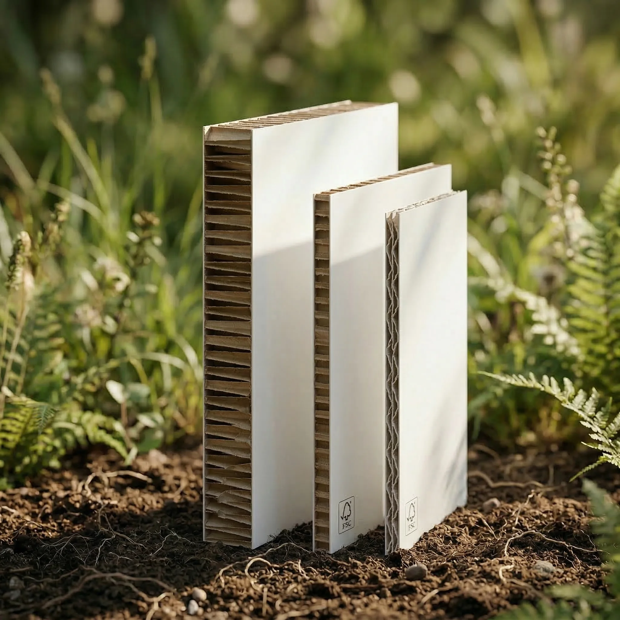 Three types of recycled paper fibre board used in sustainable signage